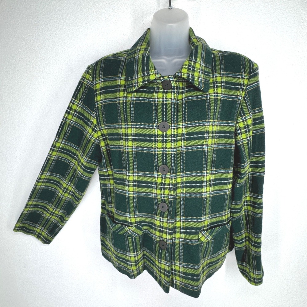 Vintage Plaid‎ Wool Blend Button Chore Jacket Womens Large Green Academia Preppy